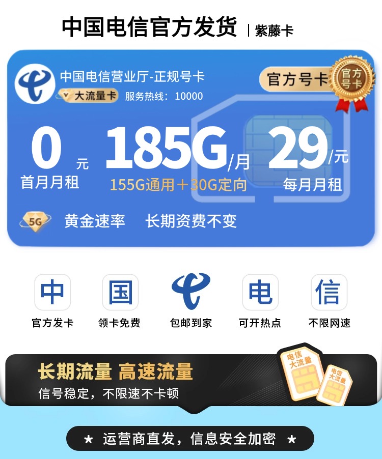 电信紫藤卡29元185G流量+长期套餐