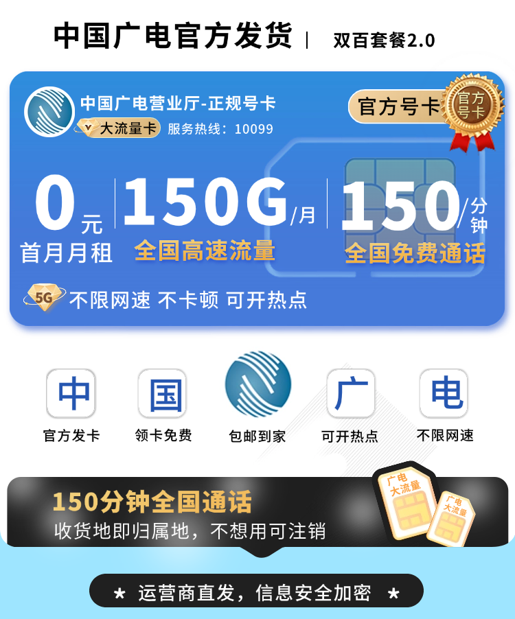 广电双百卡2.0版24元150G流量+150分钟（流量支持结转）