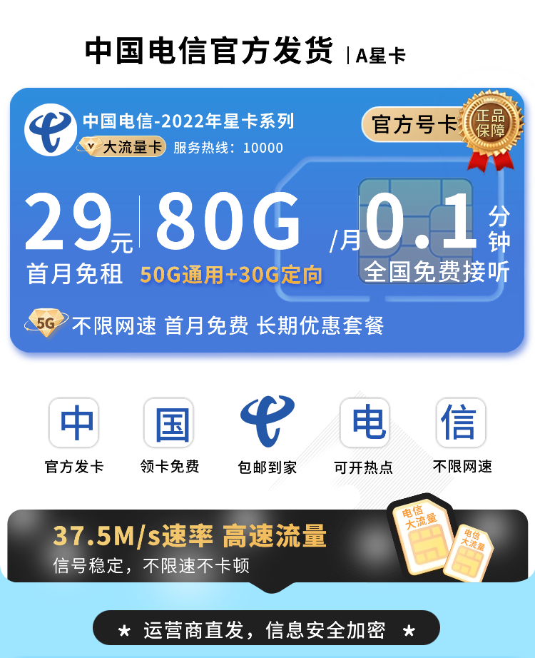 电信A星卡29元80G流量+长期套餐